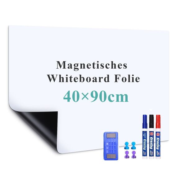 Warasee Whiteboard Magnetisch Folie, 40 * 90cm Magnettafel Selbstklebend, Magnetfolie Weiß Abwischbare, a3/a4 Leicht Zugeschnitten, für Startseite Schule, mit Markers & Whiteboard Schwamm & Magnetes