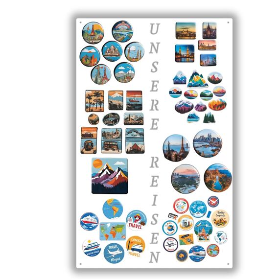 Anwicar Magnettafel Unsere Reisen - Rahmen 80x 50 cm magnetische Pinnwand aus Stahl - ideal für Reise - Magnete und Erinnerungen - beschreibbare Magnettafel - inkl. Montageset - Weiß
