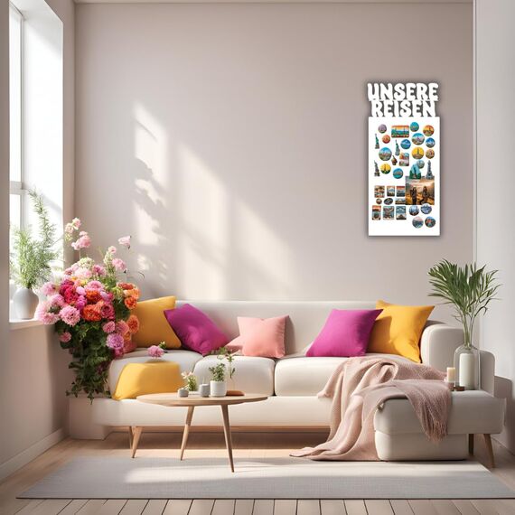 Anwicar Magnettafel Unsere Reisen - Vertikal 64x30 cm magnetische Pinnwand aus Stahl - ideal für Reise - Magnete und Erinnerungen - beschreibbare Magnettafel - inkl. Montageset - Weiß