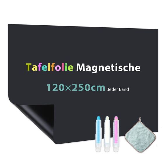 Warasee Tafelfolie Magnetisch Selbstklebend, 120 * 250cm Magnetfolie Selbstklebend Schwarz, Abwischbar Kreidefolie, Magnettafel für glatten Oberflächen in Schule Büro Haus, mit Kreidemarkern & Tuche