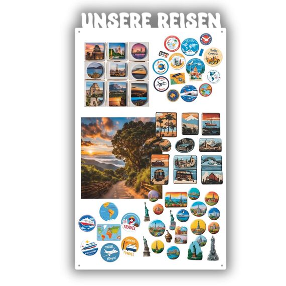 Anwicar Magnettafel Unsere Reisen - Vertikal 85x50 cm magnetische Pinnwand aus Stahl - ideal für Reise - Magnete und Erinnerungen - beschreibbare Magnettafel - inkl. Montageset - Weiß