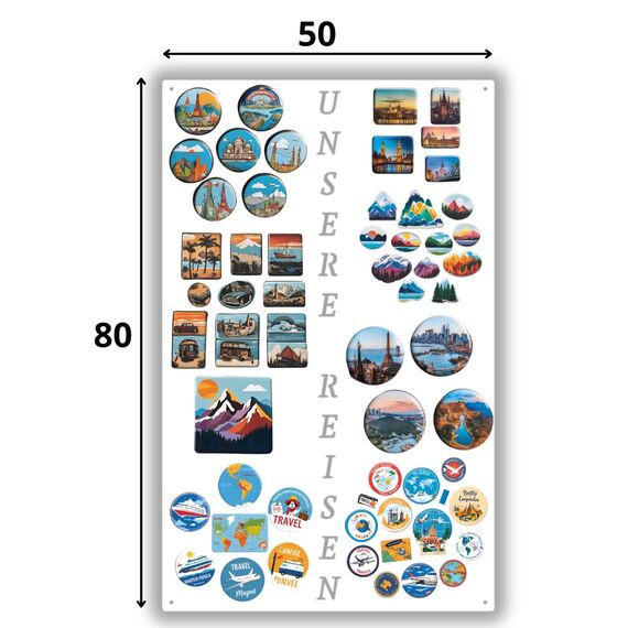 Anwicar Magnettafel Unsere Reisen - Rahmen 80x 50 cm magnetische Pinnwand aus Stahl - ideal für Reise - Magnete und Erinnerungen - beschreibbare Magnettafel - inkl. Montageset - Weiß