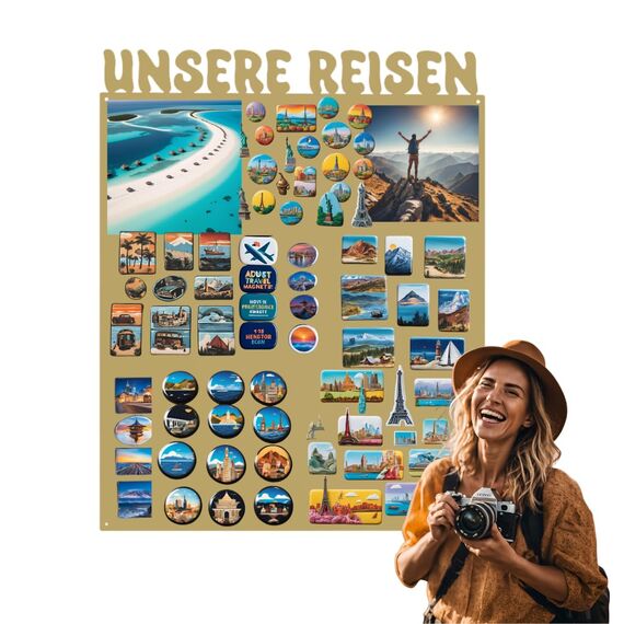 Anwicar Magnettafel Unsere Reisen - Rahmen 80 x 100 cm magnetische Pinnwand aus Stahl - ideal für Reise - Magnete und Erinnerungen - beschreibbare Magnettafel - inkl. Montageset - Gold