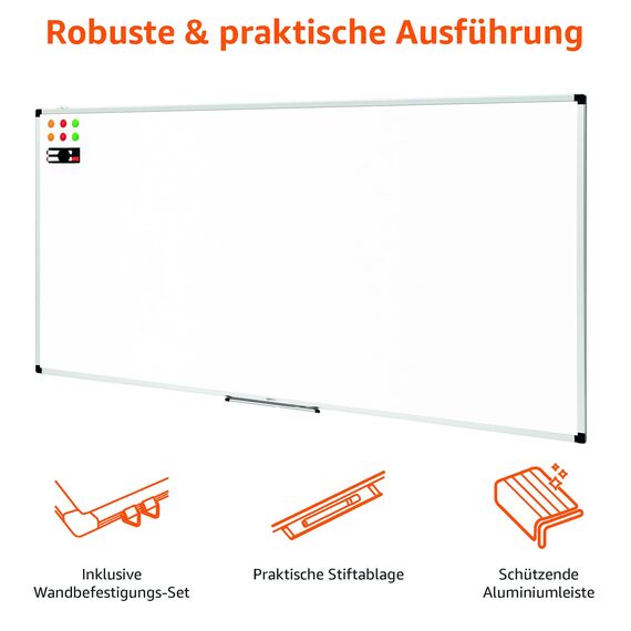 Amazon Basics Magnetisches Whiteboard mit Stiftablage und Aluminiumleisten, trocken abwischbar, 240 cm x 120 cm (B x H), Weiß