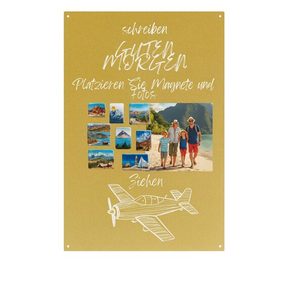 Anwicar Magnettafel Unsere Reisen - Rahmen 85 x 50 cm magnetische Pinnwand aus Stahl - ideal für Reise - Magnete und Erinnerungen - beschreibbare Magnettafel - inkl. Montageset - Gold