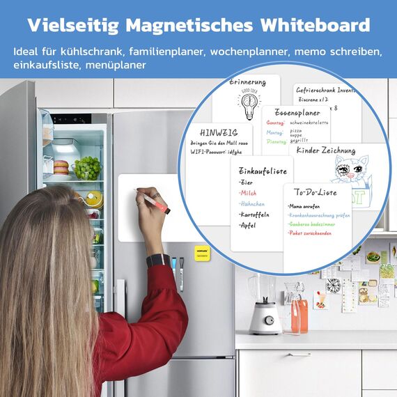 HOMiDEK Whiteboard Folie Magnetisch für Kühlschrank - A4 Magnettafel Für Familie Menü Wochenplaner, Einkaufsliste, to do liste - Klein Magnet White Board mit 3 Markers und Radierer, 20x30cm