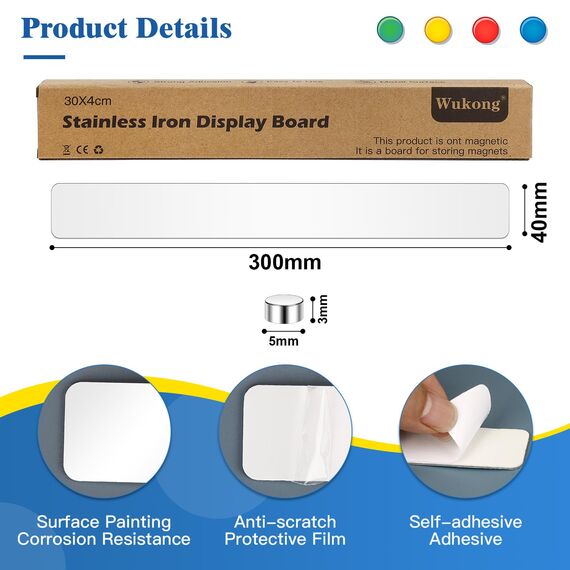 Wukong Magnettafel Memotafel 30x4mm, 5 Stück Selbstklebend Magnetleisten mit 20 Stück 5x3mm Neodym Magnete Stark für Büro, Pinnwand, Fotowand, Dokumente (Weiß)