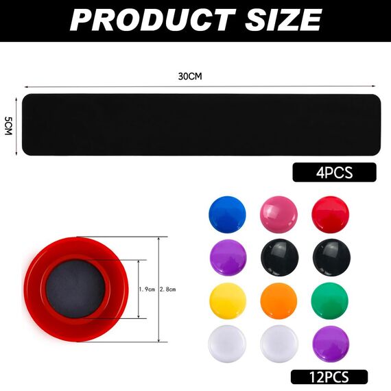 Magnettafel Magnettafeln Memotafel 30 x 5 cm Schwarz Selbstklebend Magnetleisten Magnetboard mit 12 Farben Magnete für Büro Fotowand