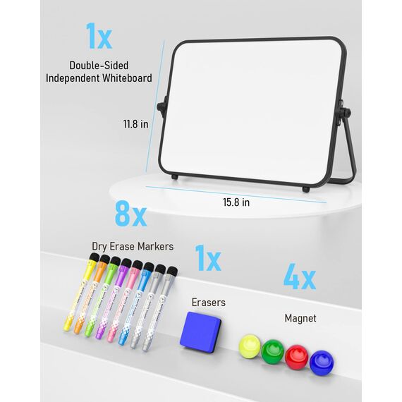 Nicpro Trockenlöschung Kleines Whiteboard A3 mit Ständer, Doppelseitiges Magnetische Desktop Schreibtafel mit 8 Stiften, 4 Magnet, Schwamm, für Studenten, Klassenzimmer, Büro(30 x 40 cm)