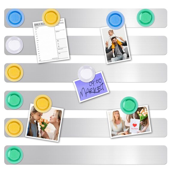 Magnettafeln, 6 Stück Selbstklebend Magnetleiste aus Edelstahl mit 16 Starke Magnete, 30 × 3 cm Pinnwand Magnetisch für Büro Küche Fotos Dokumente Kühlschrank