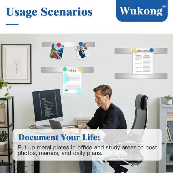 Wukong 6 Stück Magnettafel Memotafel, 30x3cm Silber Selbstklebend Magnetleisten mit 16 Starke Magnete für Büro, Pinnwand, Fotowand, Dokumente und Kühlschrank