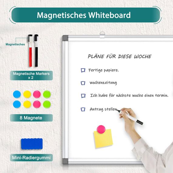 QUEENLINK Whiteboard Magnetisch, Magnettafel mit Aluminiumrahmen, 80×100cm Magnetwand White Board mit Stiftablage und Haken