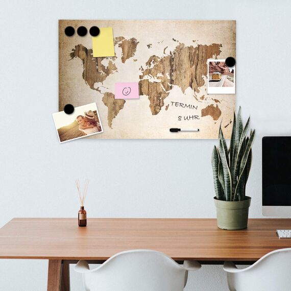 Navaris Magnettafel Magnetpinnwand Memoboard zum Beschriften - 60x40 cm Notiztafel World Map Vintage Design - Tafel abwaschbar mit Halterung Magneten Stift