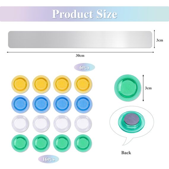 Magnettafeln, 6 Stück Selbstklebend Magnetleiste aus Edelstahl mit 16 Starke Magnete, 30 × 3 cm Pinnwand Magnetisch für Büro Küche Fotos Dokumente Kühlschrank