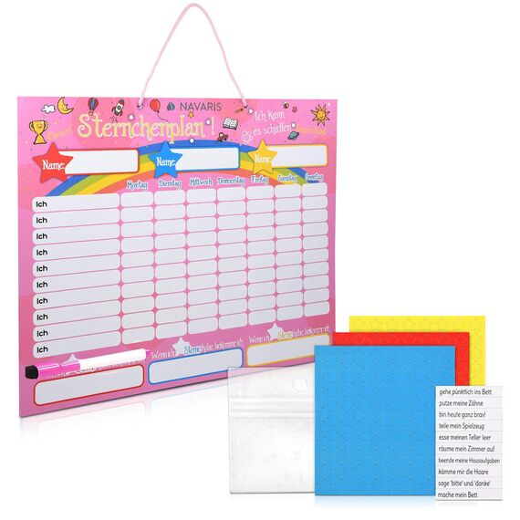 Navaris abwischbare Belohnungstafel magnetisch 40x32cm - Kinder Aufgaben Tafel - Magnettafel inkl. 250 Sternchen Magnete Stift - Sterne Aufgabenplan