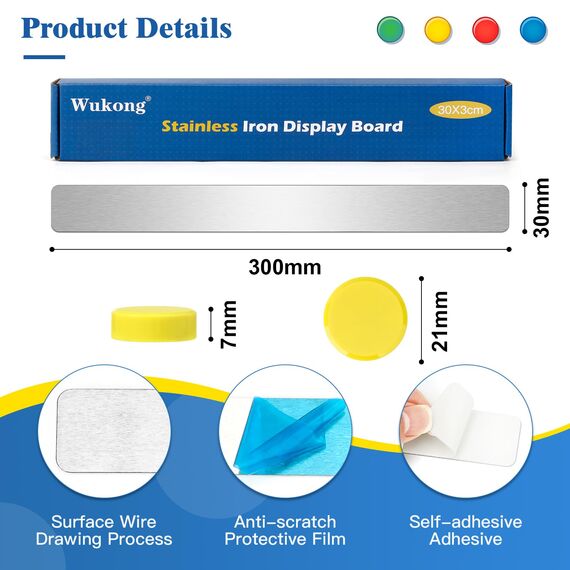 Wukong 10 Stück Magnettafel Memotafel, 30x3cm Silber Selbstklebend Magnetleisten mit 32 Starke Magnete für Büro, Pinnwand, Fotowand, Dokumente und Kühlschrank