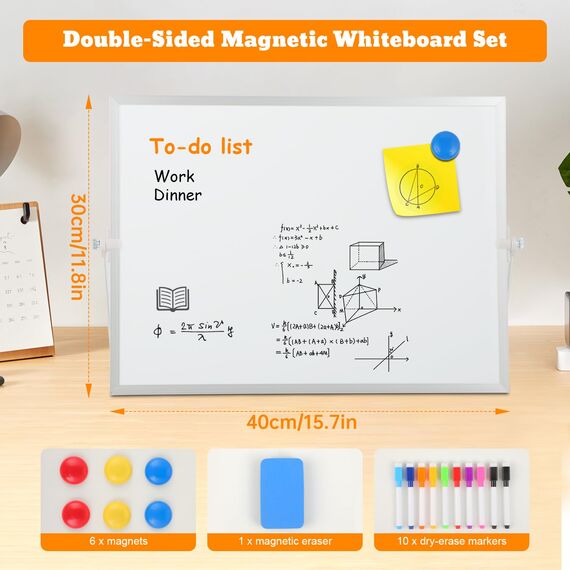 Magnetisches Whiteboard, Beidseitige Magnettafel Weiß mit Ständer, Kleine Desktop Schreibtafel 30x40cm, Whiteboard mit Ständer, Abwischbar & Vielseitig Verwendbar für Zuhause und Büro