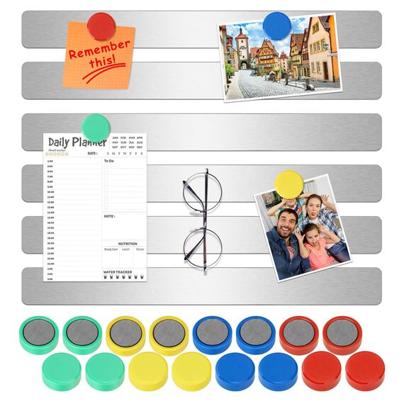 Wukong 6 Stück Magnettafel Memotafel, 30x3cm Silber Selbstklebend Magnetleisten mit 16 Starke Magnete für Büro, Pinnwand, Fotowand, Dokumente und Kühlschrank