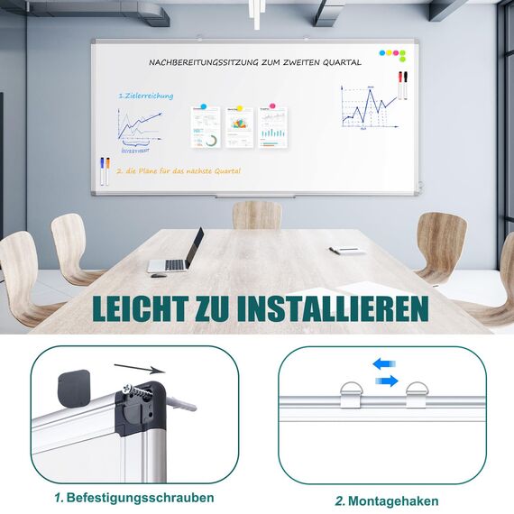 QUEENLINK Whiteboard 100×180cm Whiteboard Magnetisch, Magnettafel mit Aluminiumrahmen, Magnetwand White Board mit Stiftablage und Haken