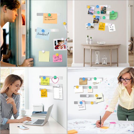 Magnettafeln, 6 Stück Selbstklebend Magnetleiste aus Edelstahl mit 16 Starke Magnete, 30 × 3 cm Pinnwand Magnetisch für Büro Küche Fotos Dokumente Kühlschrank