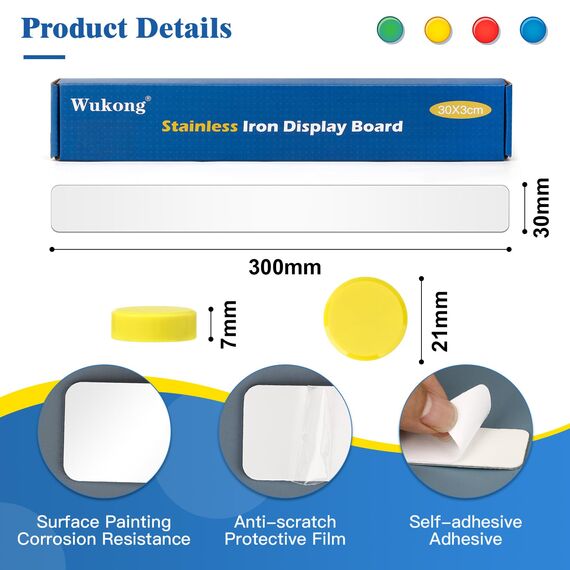 Wukong 4 Stück Magnettafel Memotafel, 30x3cm Weiß Selbstklebend Magnetleisten mit 16 Stück Runden Starke Magnete für Büro, Pinnwand, Fotowand, Dokumente und Kühlschrank