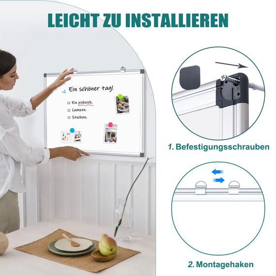 QUEENLINK Whiteboard Magnetisch, Magnettafel mit Aluminiumrahmen, 80×100cm Magnetwand White Board mit Stiftablage und Haken