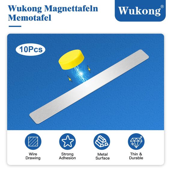 Wukong 10 Stück Magnettafel Memotafel, 30x3cm Silber Selbstklebend Magnetleisten mit 32 Starke Magnete für Büro, Pinnwand, Fotowand, Dokumente und Kühlschrank