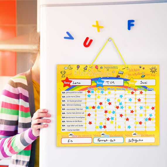 Navaris abwischbare Belohnungstafel magnetisch 40x32cm - Kinder Aufgaben Tafel - Magnettafel inkl. 250 Sternchen Magnete Stift - Sterne Aufgabenplan