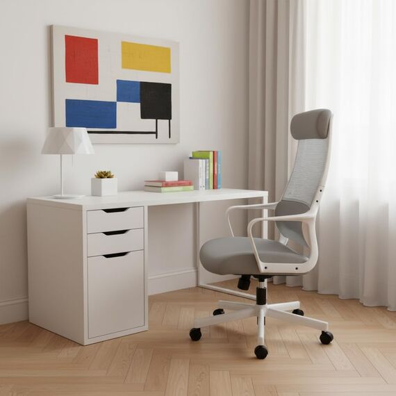 MELOKEA Bürostuhl Ergonomisch mit Verstellbarer Kopfstütze, Schreibtischstuhl mit Breites Sitzkissen, Lendenwirbelstütze, Bürostuhl 200 kg, Mesh Stuhl, Home Office Chair, EN 1335 Computerstuhl, Grau