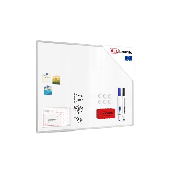Allboards, magnetisches Whiteboard mit Expo-Alurahmen, trocken abwischbar und beschreibbar, wandmontierbar, 120 x 90 cm.