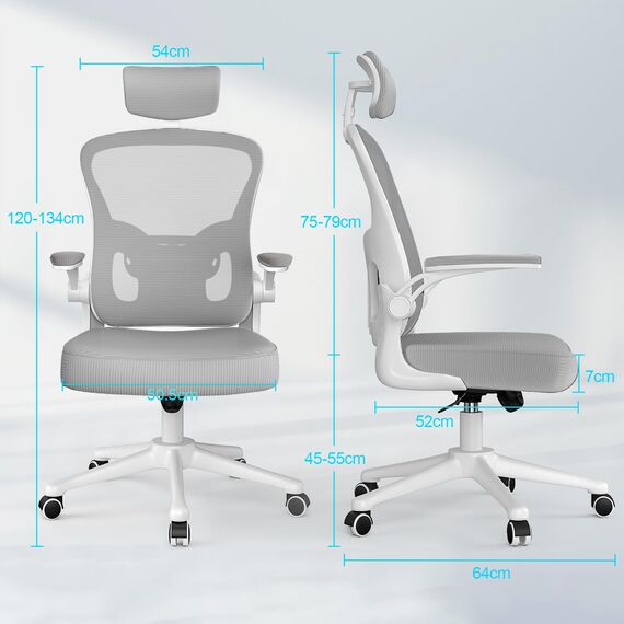 naspaluro Ergonomischer Bürostuhl mit Atmungsaktiver Netzbespannung, Schreibtischstuhl mit Verstellbarer Armlehnen, Kopfstütze, Lordosenstütze, Höhenverstellung, 360° Drehstuhl, Grau