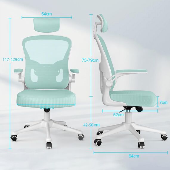naspaluro Bürostuhl mit Atmungsaktiver Netzbespannung, Ergonomischer Schreibtischstuhl mit Verstellbarer Armlehnen, Kopfstütze, Lordosenstütze, Rückenlehne, Höhenverstellung, 360° Drehstuhl, Grün