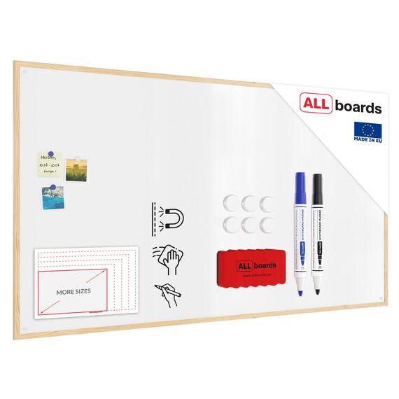 ALLboards Whiteboard mit Holzrahmen 180x100cm Magnettafel Weiß Magnetisch, Trocken Abwischbar