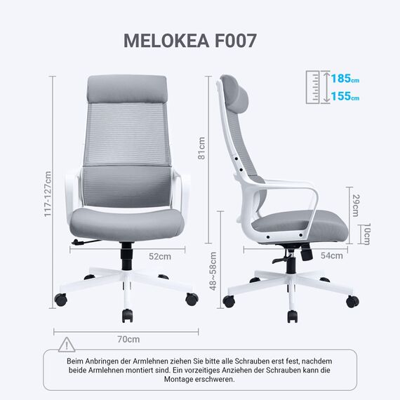MELOKEA Bürostuhl Ergonomisch mit Verstellbarer Kopfstütze, Schreibtischstuhl mit Breites Sitzkissen, Lendenwirbelstütze, Bürostuhl 200 kg, Mesh Stuhl, Home Office Chair, EN 1335 Computerstuhl, Grau