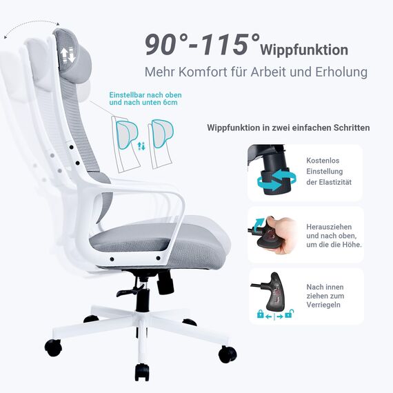 MELOKEA Bürostuhl Ergonomisch mit Verstellbarer Kopfstütze, Schreibtischstuhl mit Breites Sitzkissen, Lendenwirbelstütze, Bürostuhl 200 kg, Mesh Stuhl, Home Office Chair, EN 1335 Computerstuhl, Grau