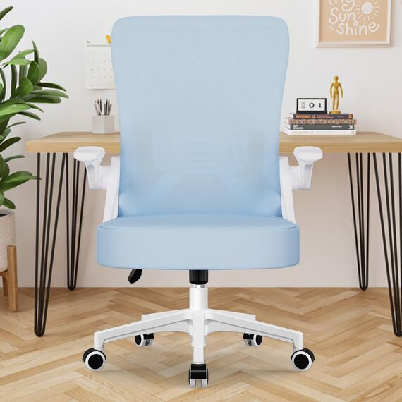 Airchros Bürostuhl, Ergonomischer Schreibtischstuhl mit Einstellbarer Lendenstütze, Hochklappbaren Armlehnen, Höhenverstellbarer Chefsessel Drehstuhl, Netzstuhl mit Wippfunktion, Blau