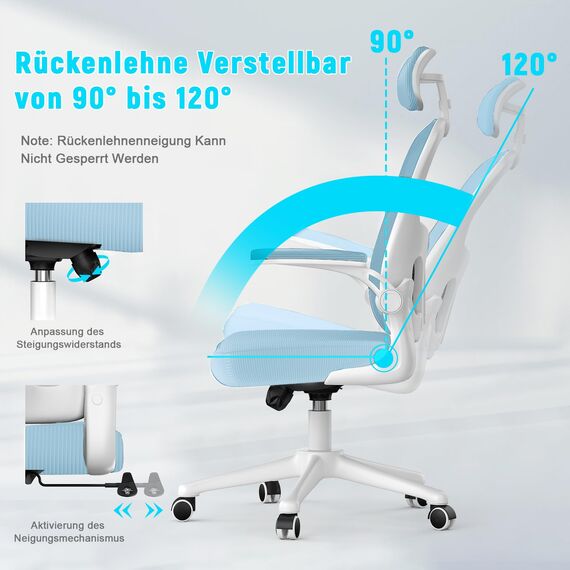 naspaluro Ergonomischer Bürostuhl mit Atmungsaktiver Netzbespannung, Schreibtischstuhl mit Verstellbarer Armlehnen,Kopfstütze,Lordosenstütze,Rückenlehne,Höhenverstellung, 360° Drehstuhl, Blau
