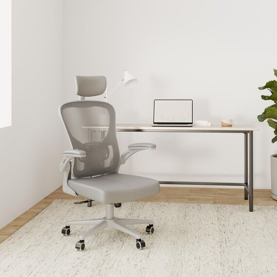 naspaluro Ergonomischer Bürostuhl mit Atmungsaktiver Netzbespannung, Schreibtischstuhl mit Verstellbarer Armlehnen, Kopfstütze, Lordosenstütze, Höhenverstellung, 360° Drehstuhl, Grau