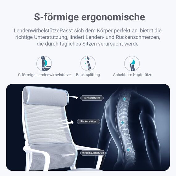 MELOKEA Bürostuhl Ergonomisch mit Verstellbarer Kopfstütze, Schreibtischstuhl mit Breites Sitzkissen, Lendenwirbelstütze, Bürostuhl 200 kg, Mesh Stuhl, Home Office Chair, EN 1335 Computerstuhl, Grau