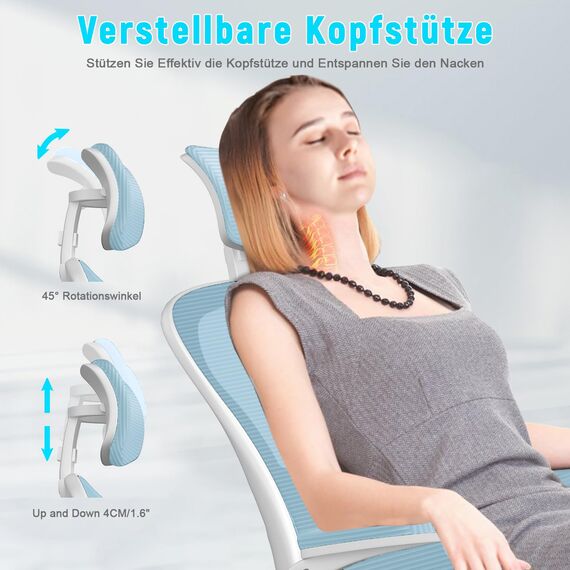 naspaluro Ergonomischer Bürostuhl mit Atmungsaktiver Netzbespannung, Schreibtischstuhl mit Verstellbarer Armlehnen,Kopfstütze,Lordosenstütze,Rückenlehne,Höhenverstellung, 360° Drehstuhl, Blau