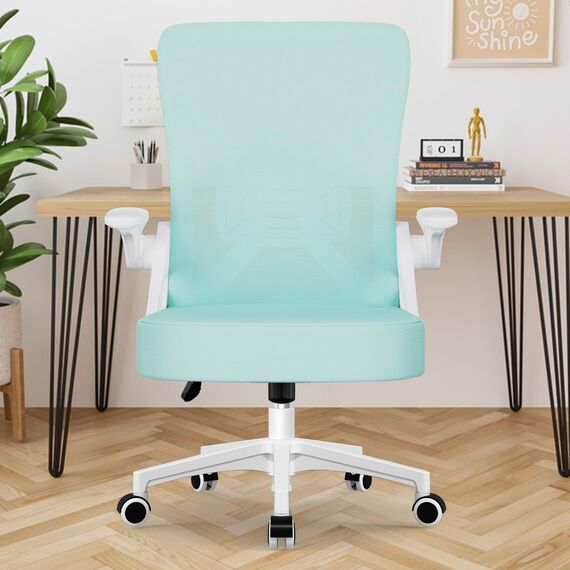 Airchros Bürostuhl mit Hochklappbaren Armlehnen, Bürostuhl Ergonomisch mit Einstellbarer Lendenstütze, Höhenverstellbarer Chefsessel Drehstuhl, Schreibtischstuhl mit Wippfunktion bis 125°, Blaugrün