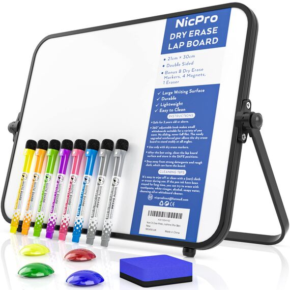 Nicpro Trockenlöschung Kleines Whiteboard A4 mit Ständer, Doppelseitiges Magnetische Desktop Schreibtafel mit 8 Stiften, 4 Magnet, Schwamm, für Studenten, Klassenzimmer, Büro(21 x 30 cm)