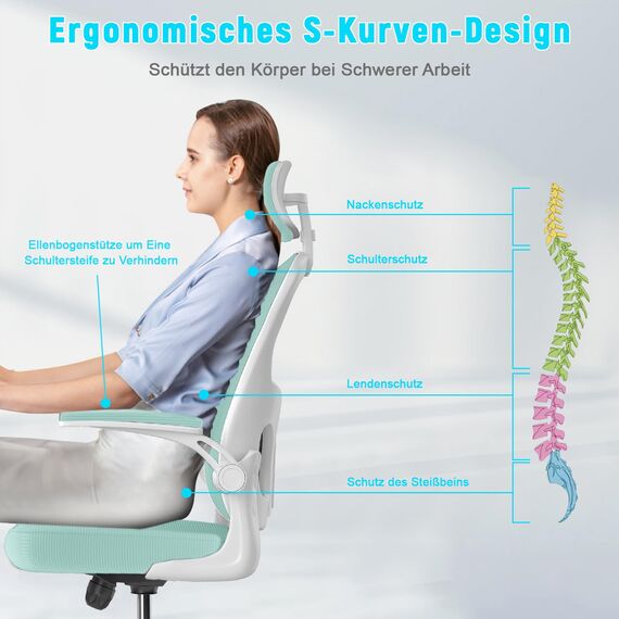 naspaluro Bürostuhl mit Atmungsaktiver Netzbespannung, Ergonomischer Schreibtischstuhl mit Verstellbarer Armlehnen, Kopfstütze, Lordosenstütze, Rückenlehne, Höhenverstellung, 360° Drehstuhl, Grün