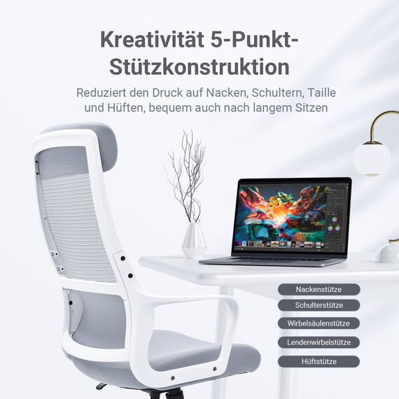 MELOKEA Bürostuhl Ergonomisch mit Verstellbarer Kopfstütze, Schreibtischstuhl mit Breites Sitzkissen, Lendenwirbelstütze, Bürostuhl 200 kg, Mesh Stuhl, Home Office Chair, EN 1335 Computerstuhl, Grau