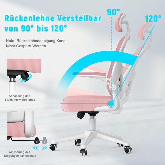 naspaluro Ergonomischer Bürostuhl mit Atmungsaktiver Netzbespannung, Schreibtischstuhl mit Verstellbarer Armlehnen,Kopfstütze,Lordosenstütze,Rückenlehne,Höhenverstellung, 360° Drehstuhl, Rosa