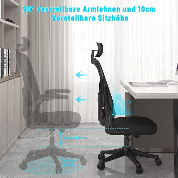 naspaluro Ergonomischer Bürostuhl mit Atmungsaktiver Netzbespannung, Schreibtischstuhl mit Verstellbarer Armlehnen,Kopfstütze,Lordosenstütze,Rückenlehne,Höhenverstellung, 360° Drehstuhl Dunkelschwarz