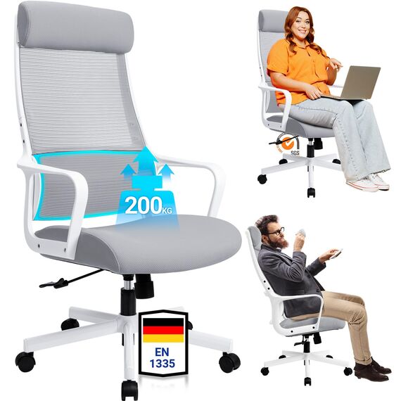 MELOKEA Bürostuhl Ergonomisch mit Verstellbarer Kopfstütze, Schreibtischstuhl mit Breites Sitzkissen, Lendenwirbelstütze, Bürostuhl 200 kg, Mesh Stuhl, Home Office Chair, EN 1335 Computerstuhl, Grau