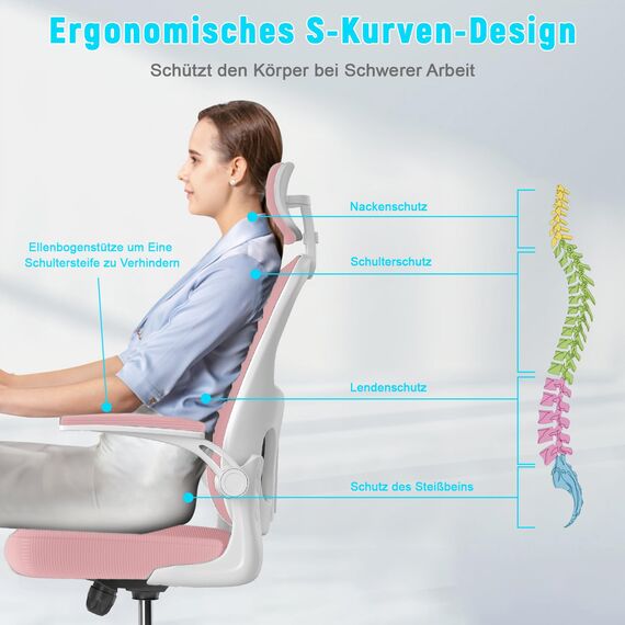 naspaluro Ergonomischer Bürostuhl mit Atmungsaktiver Netzbespannung, Schreibtischstuhl mit Verstellbarer Armlehnen,Kopfstütze,Lordosenstütze,Rückenlehne,Höhenverstellung, 360° Drehstuhl, Rosa