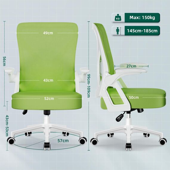 Airchros Bürostuhl, Schreibtischstuhl mit Einstellbarer Lendenstütze, Hochklappbaren Armlehnen, Höhenverstellbarer Ergonomischer Bürostuhl, Netzstuhl mit Wippfunktion bis 125°,Grün