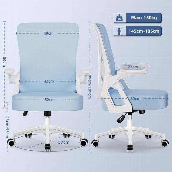 Airchros Bürostuhl, Ergonomischer Schreibtischstuhl mit Einstellbarer Lendenstütze, Hochklappbaren Armlehnen, Höhenverstellbarer Chefsessel Drehstuhl, Netzstuhl mit Wippfunktion, Blau
